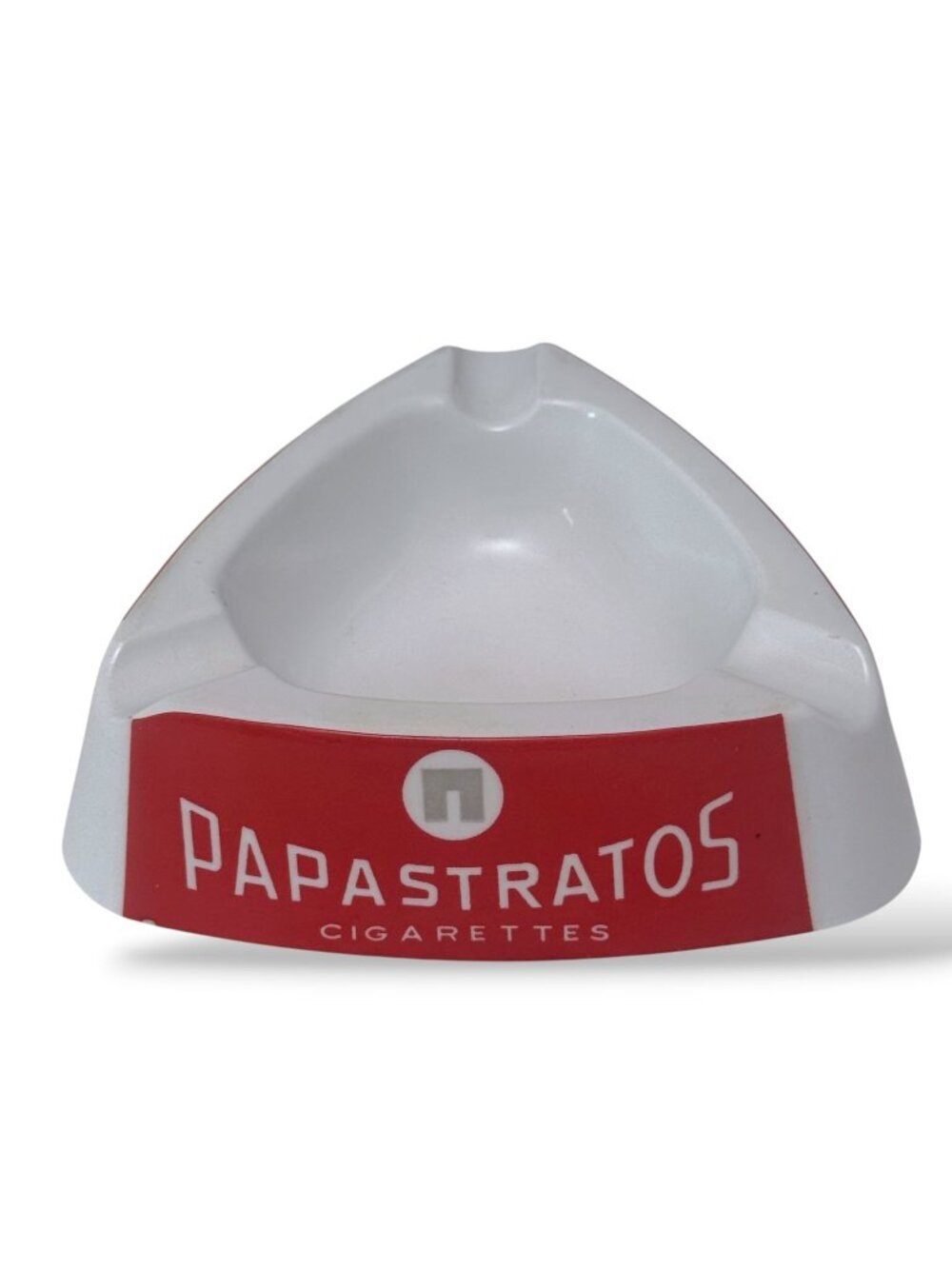 PAPASTRATOS Ashtray Vintage Melamine Greek Cigarette Advertising Red White MCM